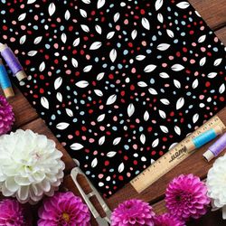 Ткань атлас опадающие разноцветные листья на чёрном фоне