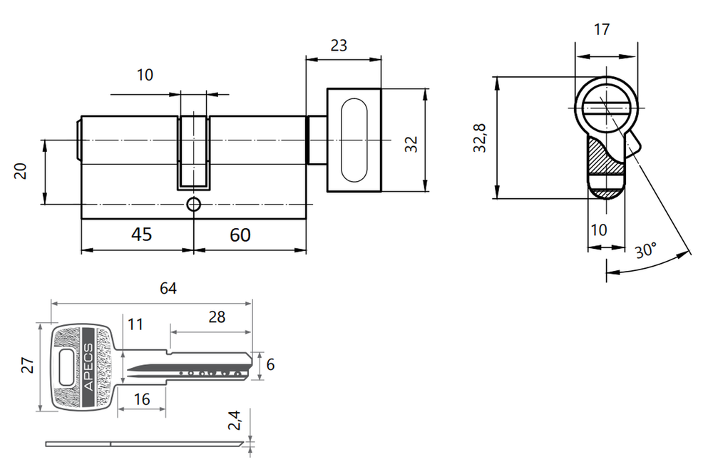 Цилиндровый механизм Apecs SM-105(45/60C)-C-NI