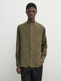 Massimo Dutti Льняная рубашка классического кроя с воротником-стойкой,  зеленый