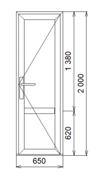 Дверь поворотная 650 х 2000 мм. с нажимным гарнитуром, личинкой, алюминиевым порогом.