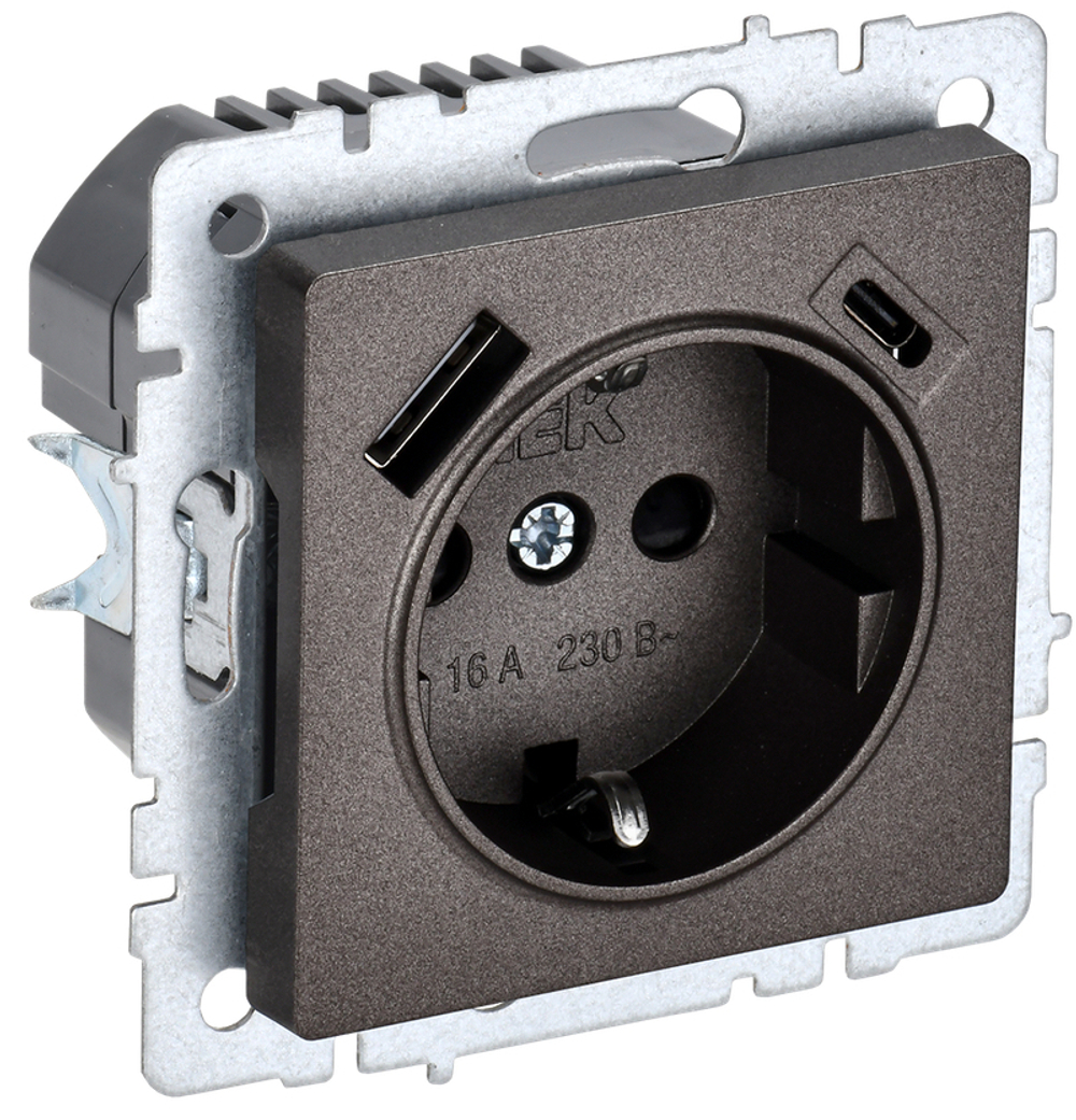 BRITE Розетка 1-местная с заземлением с защитными шторками 16А с USB A+C 18Вт РЮш11-1-БрТБ темная бронза IEK
