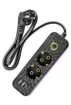 Удлинитель сетевой 2 м / Сетевой фильтр 2 розетки, 2 USB порта, 1 type-C, черный