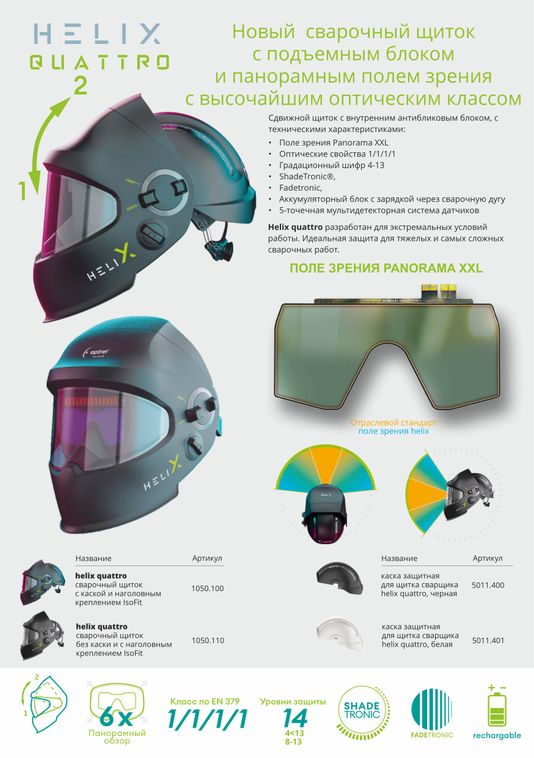 Щиток защитный лицевой сварщика Optrel helix quattro, с поднимающимся внутренним АСФ и каской, черный, IsoFit, арт. 1050.100