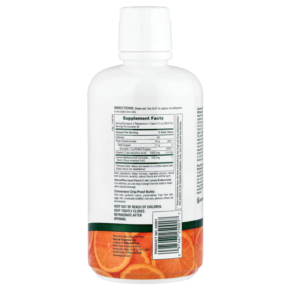 NaturesPlus, жидкий витамин C с биофлавоноидами лимона, натуральный апельсин, 887,10 мл (30 жидк. унций)