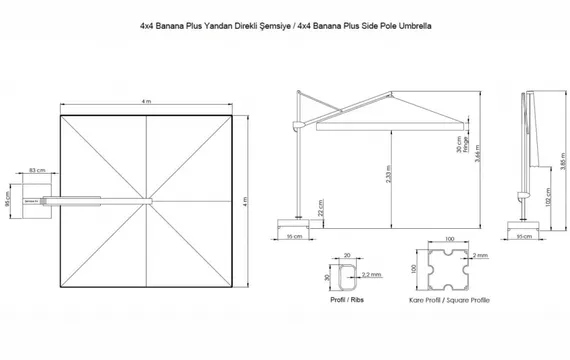 Зонт профессиональный без плит Banana Plus Dickson, 4х4 м, черный, бежевый