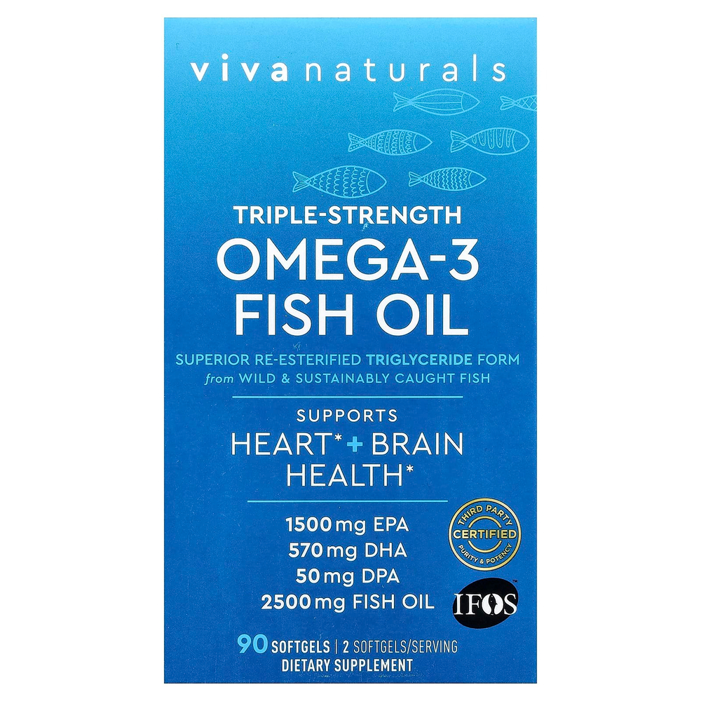 Viva Naturals, рыбий жир с омега-3, тройная сила, 2500 мг, 90 капсул