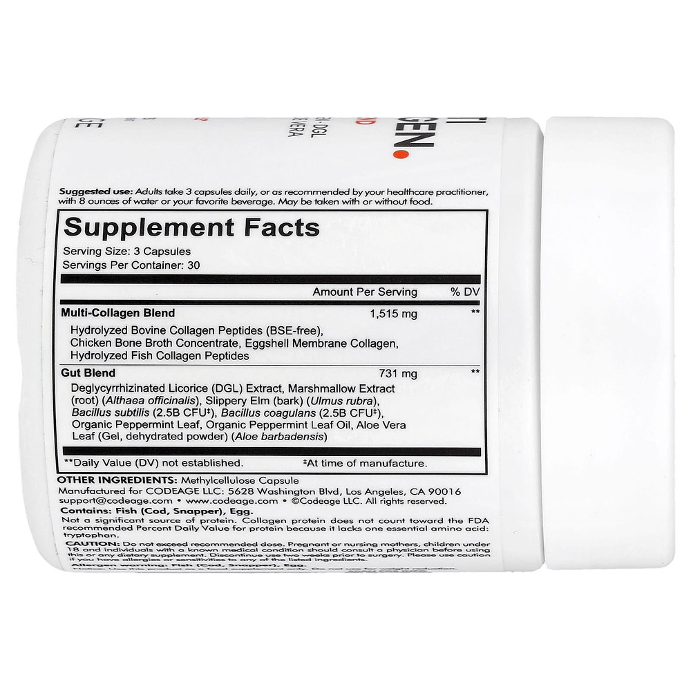 Codeage, смесь нескольких типов коллагена и кишечника, 90 капсул