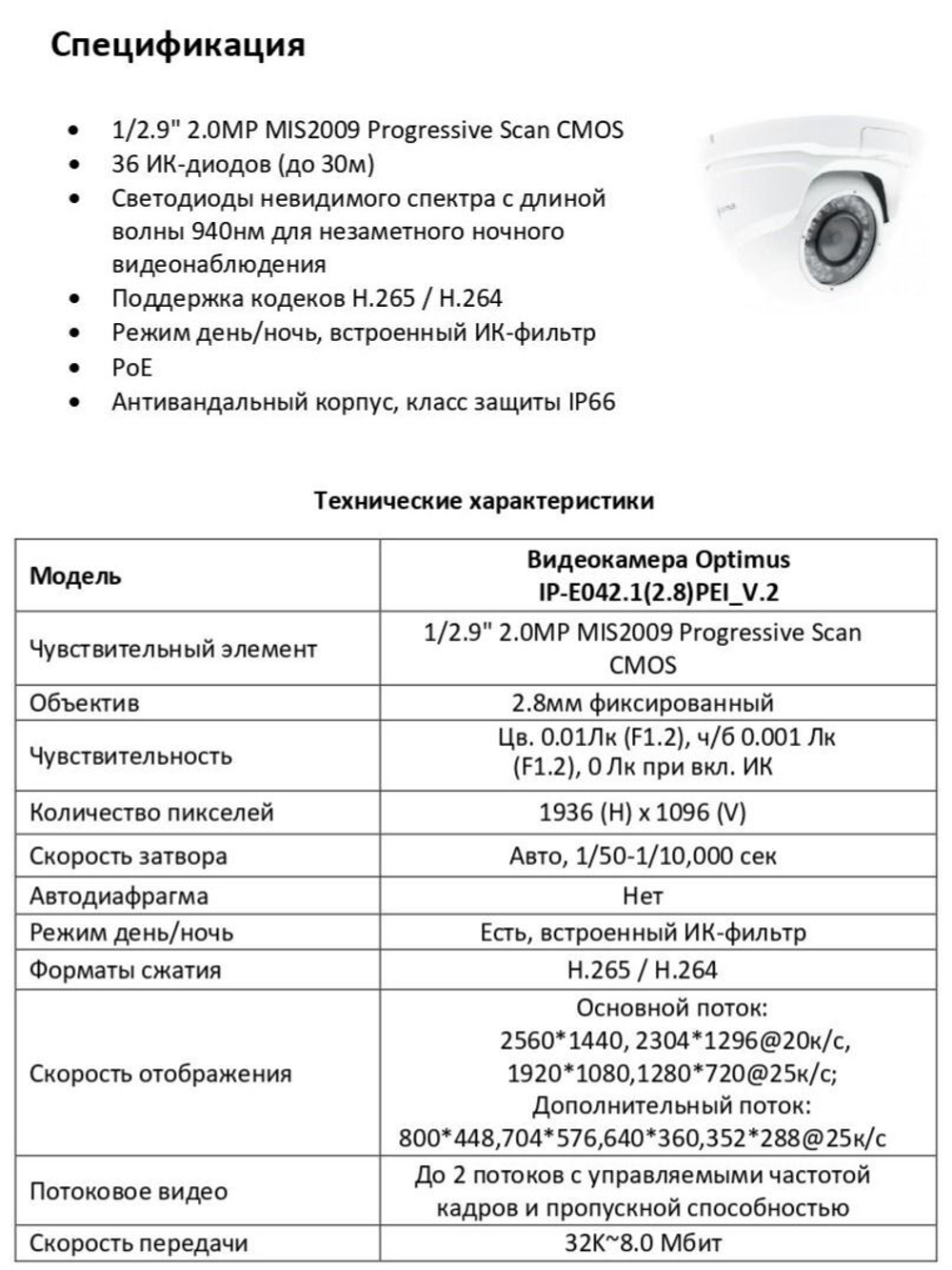 Видеокамера Optimus IP-E042.1(2.8)PEI_V.2