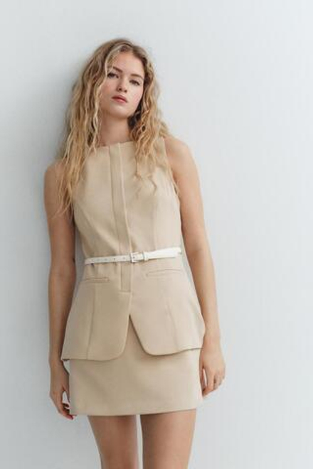 ZARA МИНИ-ПЛАТЬЕ С ПОЯСОМ, БЕЖЕВЫЙ