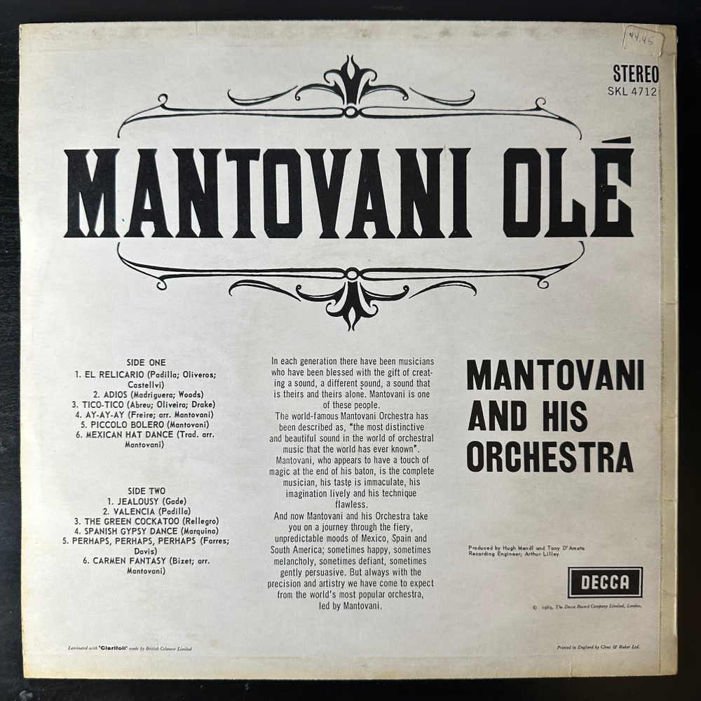 Mantovani And His Orchestra ‎– Mantovani Ole (Англия 1965г.)