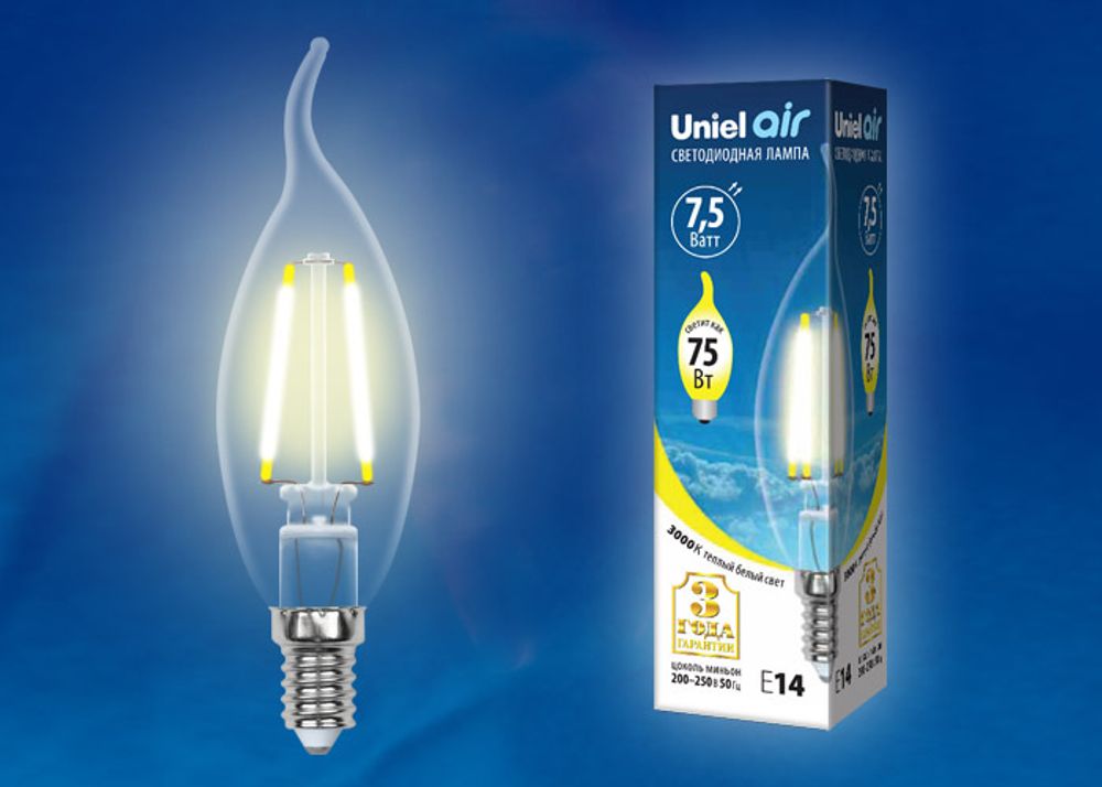 LED-CW35-7,5W/WW/E14/CL GLA01TR Лампа светодиодная. Форма свеча на ветру, прозрачная. Серия Air. Теплый белый свет (3000K). Картон. ТМ Uniel