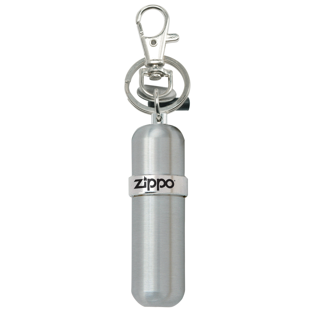 Фирменный брелок баллончик серебристый для заправки зажигалок топливом ZIPPO 121503 с диском для затягивания винта кремня и чехлом для двух кремней