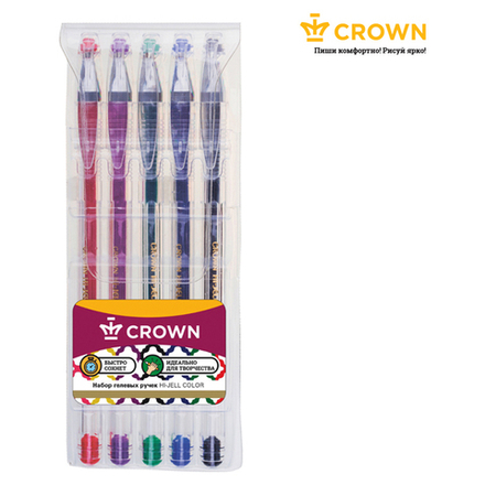Набор гелевых ручек Crown "Hi-Jell Color" 5шт., 05цв., 0,5мм, ПВХ уп., европодвес