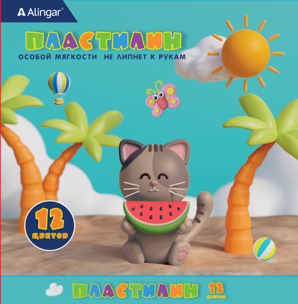 Пластилин Alingar, 12 цветов, "Котик", 180 гр., особо мягкий, без стека, картонная упаковка