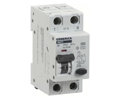 Дифавтомат IEK GENERICA 2P 6А (C) 4.5кА 30мА (AC), MAD25-5-006-C-30