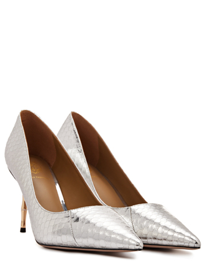 Женские туфли рептилия серебристые на бамбуковом каблуке
