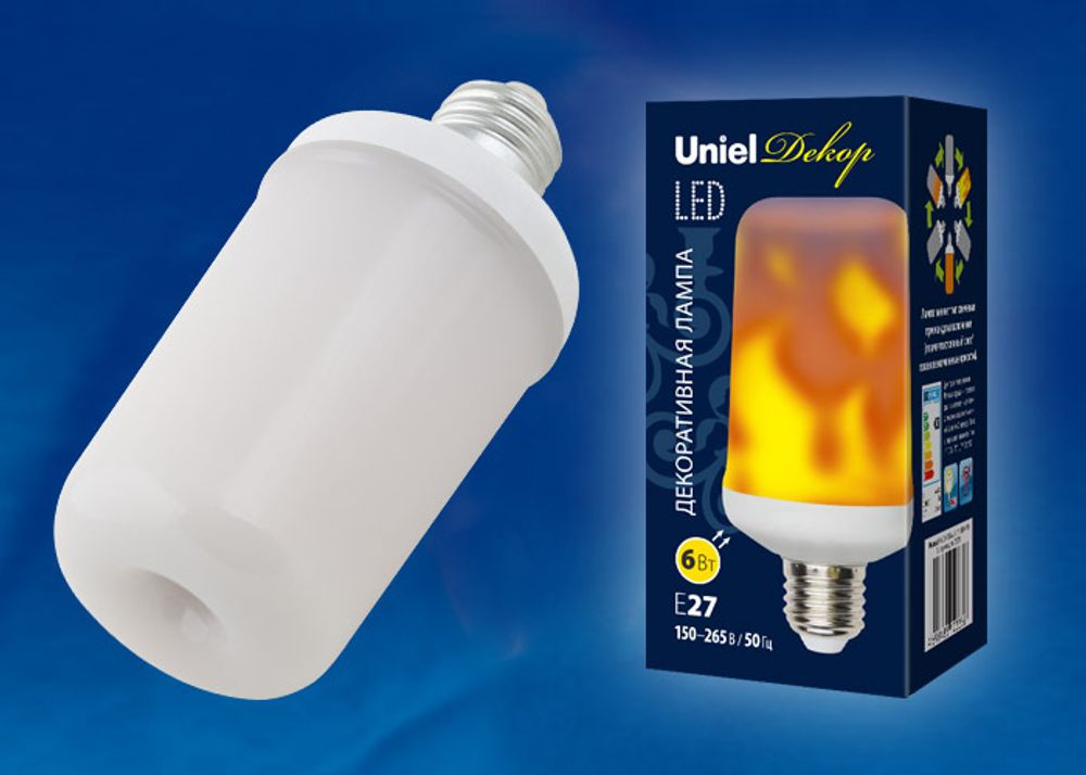 LED-L60-6W/FLAME/E27/FR PLD01WH Лампа светодиодная декоративная с типом свечения «эффект пламени». Форма «цилиндр», матовая. Картон. ТМ Uniel.