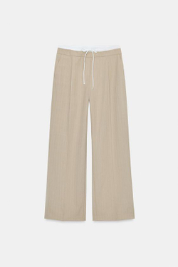 ZARA БРЮКИ С ШИРОКИМИ ШТАНИНАМИ И ДВОЙНЫМ ПОЯСОМ, ПЕСОЧНЫЙ