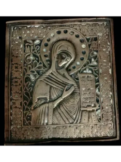 Антикварная икона " Богоматерь" цельнолитая медная металлопластика