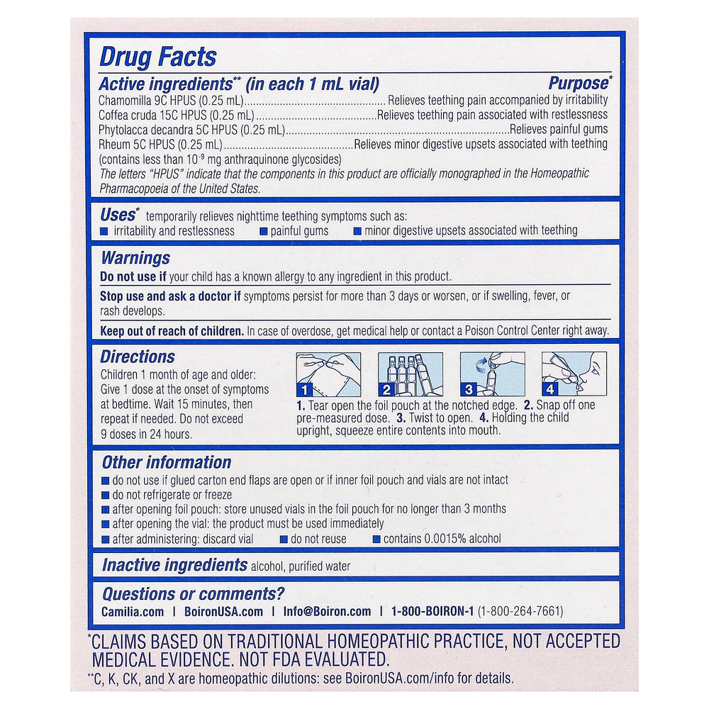 Boiron, Camilia®, жидкие дозы для приема перед сном, для младенцев от 1 месяца, 30 доз, по 1 мл (0,034 жидк. унции)