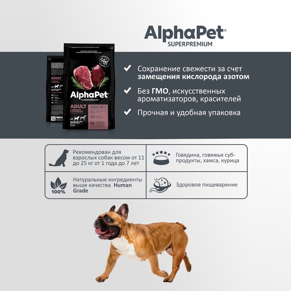 Уценка! Срок 14.07.26/ Сухой корм AlphaPet Superpremium для взрослых собак средних пород с говядиной и потрошками