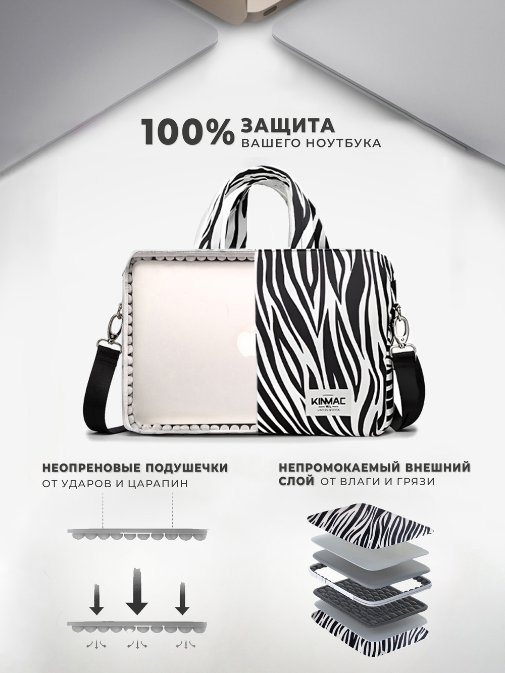 Сумка для ноутбука 13,3" и 14" с ремнем на плечо и 3 отделениями (Зебра)