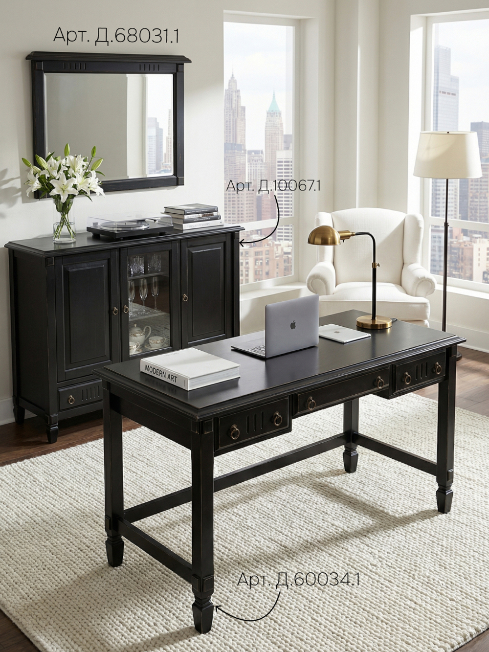 Стол письменный, 140х65х84, Джоли, компьютерный, с ящиками, массив березы, черный, MAKOSA