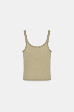 ZARA ТОП В РУБЧИК С ЭФФЕКТОМ ПОТЕРТОСТИ, ЗЕЛЕНОВАТЫЙ