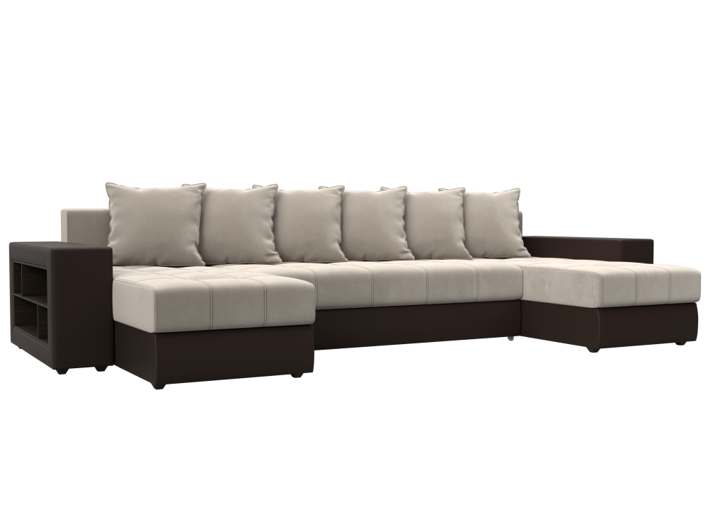Диван П-образный Дубай полки слева, Бежевый\Коричневый, Микровельвет\Экокожа, 31510
