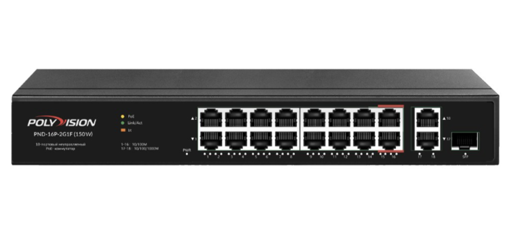 Polyvision PND-16P-2G1F(150W) 18-портовый неуправляемый PoE-коммутатор