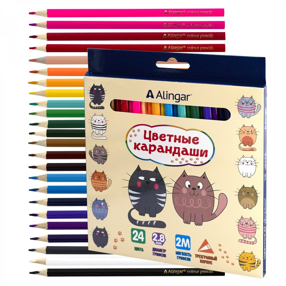 Карандаши цветные Alingar 24 цв., "Котята" деревянные, трехгранные, заточенные, грифель 2.8 мм, картон. уп., европодвес