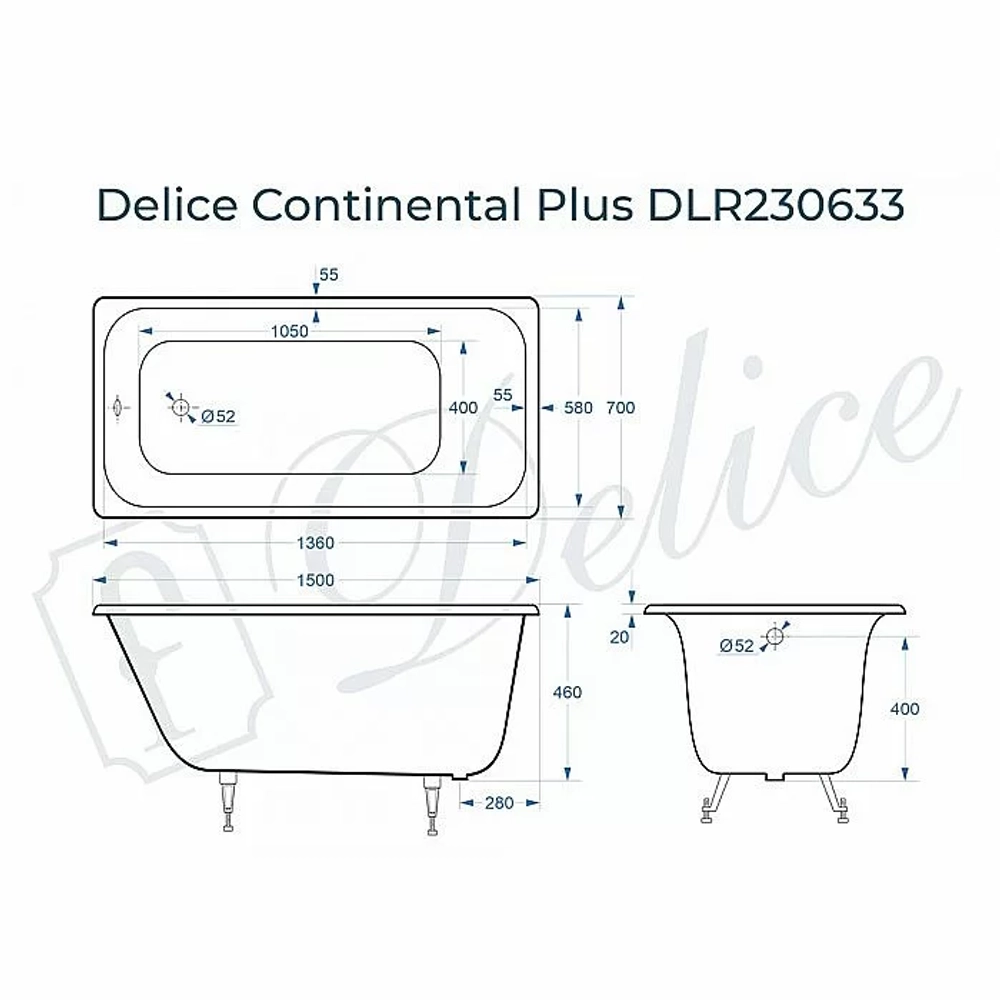 Ванна чугунная Delice Continental PLUS Elite DLR230633 150х70 белая