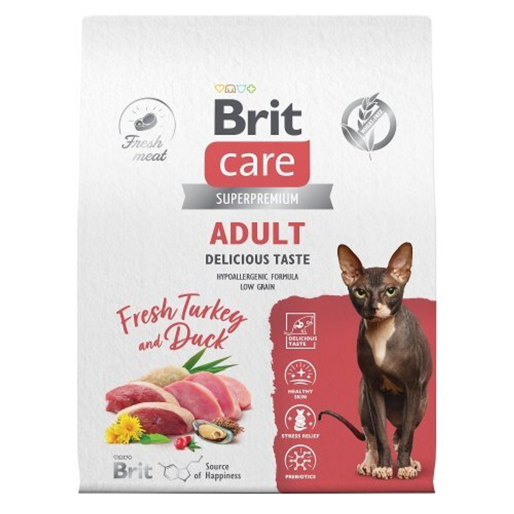 Сухой корм для взрослых привередливых кошек с уткой и индейкой Cat Adult Delicious Taste BRIT CARE 7кг