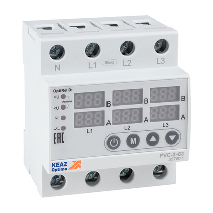 Реле напряжения OptiRel D PVC-3-63 с ЖК-дисплеем и контролем тока 3Ф 63А КЭАЗ