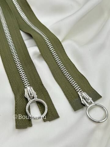 Молния серебро хаки двухзамковая с кольцом