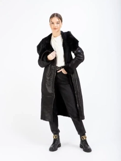 Дубленка женская натуральная длинная с капюшоном Турция