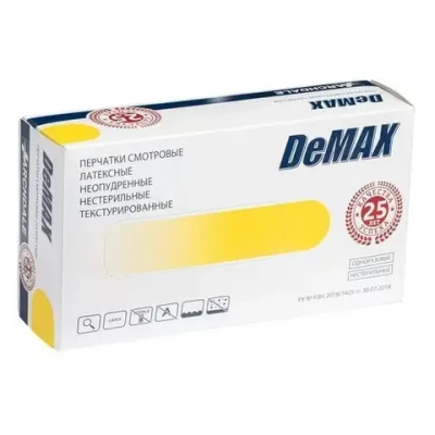 Перчатки латексные смотровые нестерильные неопудренные текстурированные хлорированные DeMAX размер М 50 пар
