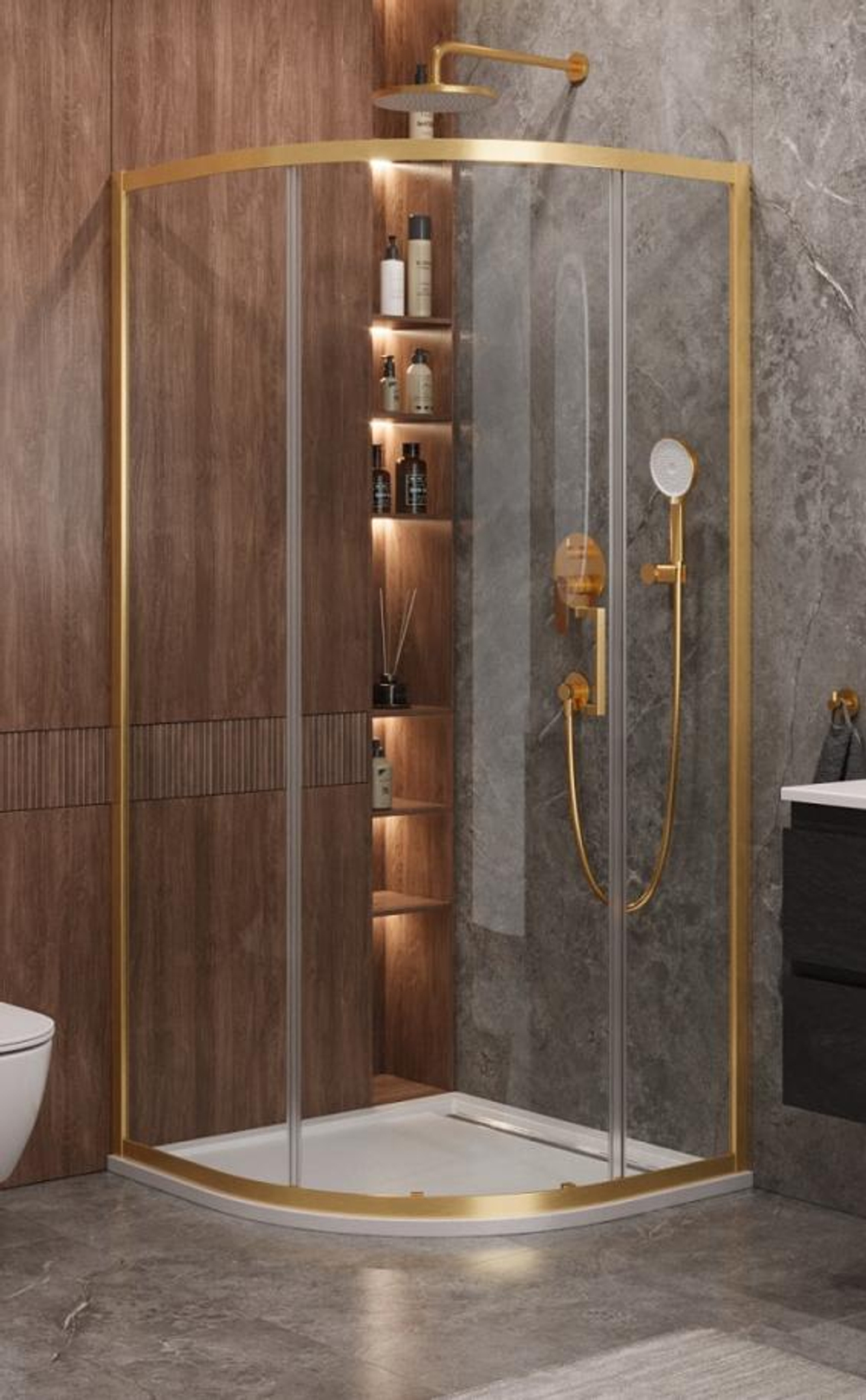 Душевой уголок Cezares MOLVENO-R-1-90-C-BORO-IV, 90х90х195, профиль брашированное золото, прозрачное стекло
