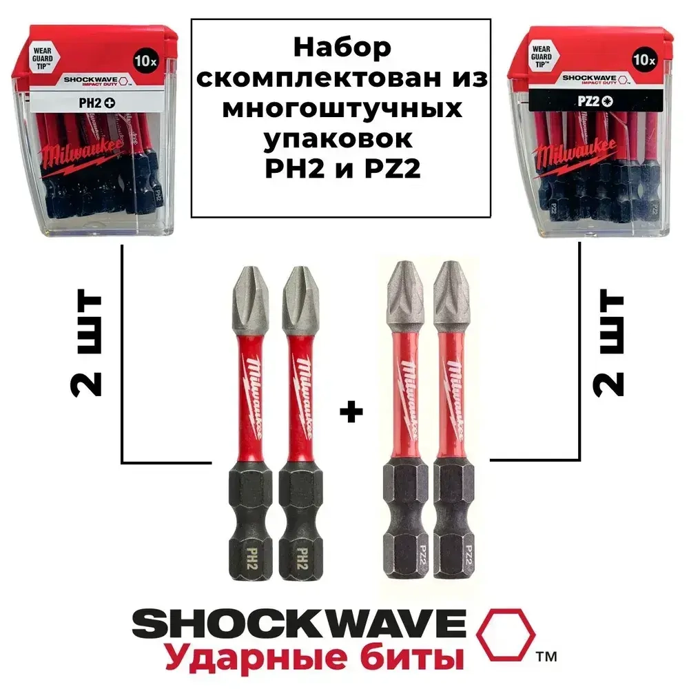 Бита Milwaukee SHOCKWAVE PH2 2 шт + PZ2 2 шт, длина 50мм