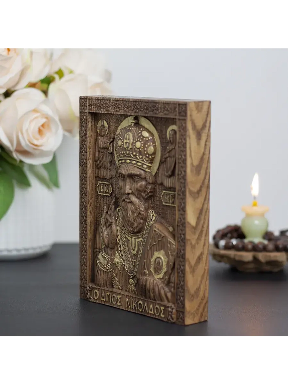 Николай Чудотворец деревянная резная икона, ясень