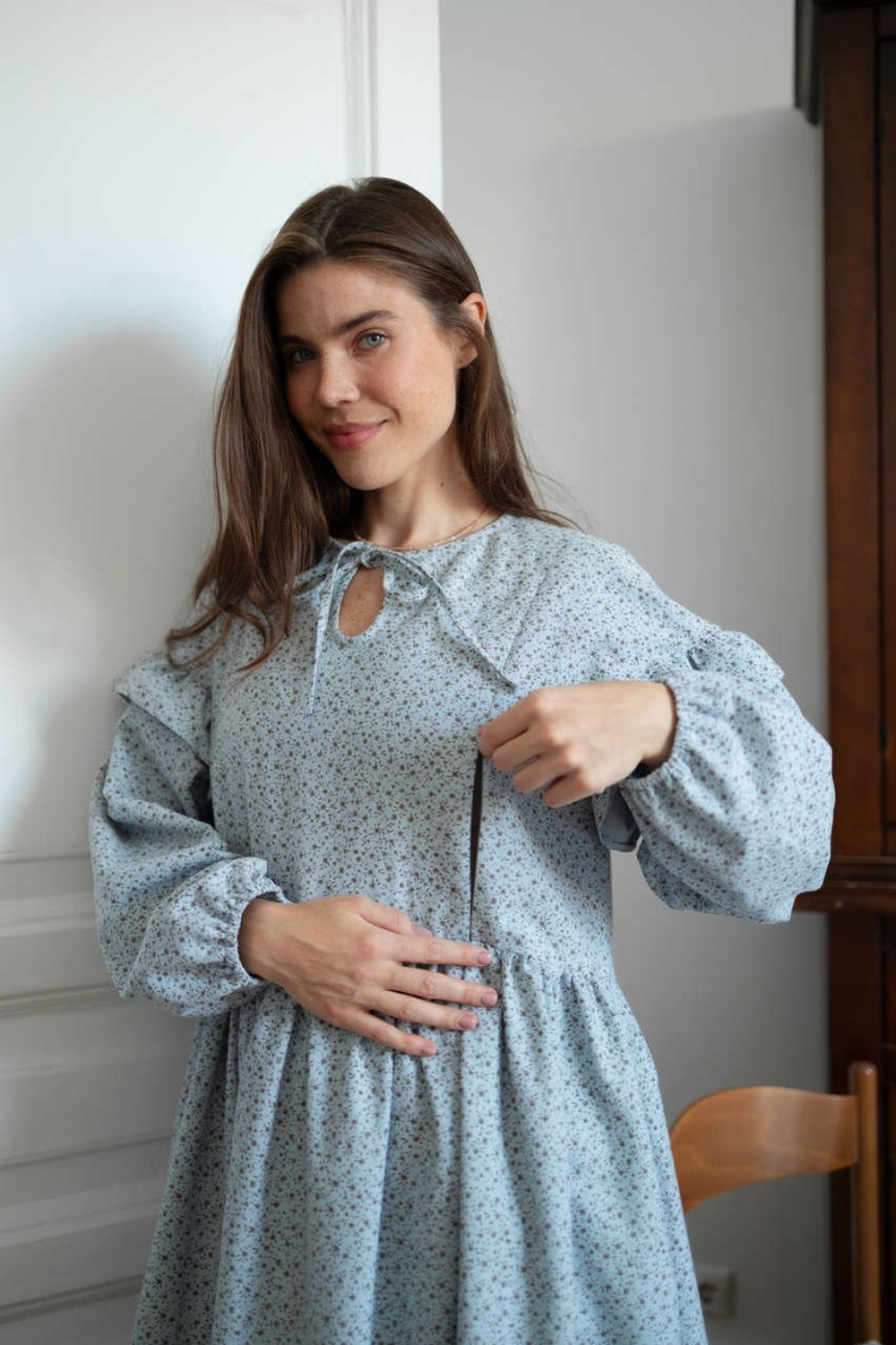 Платье Ася из фланели для беременных и кормящих мам, Серо-голубой с кофейными цветами