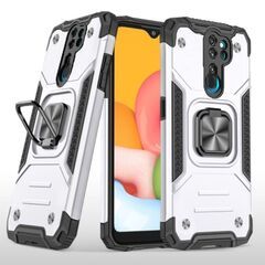 Противоударный чехол для Xiaomi Redmi Note 8 Pro серебро с пластиной для магнитного автодержателя и кольцом подставкой