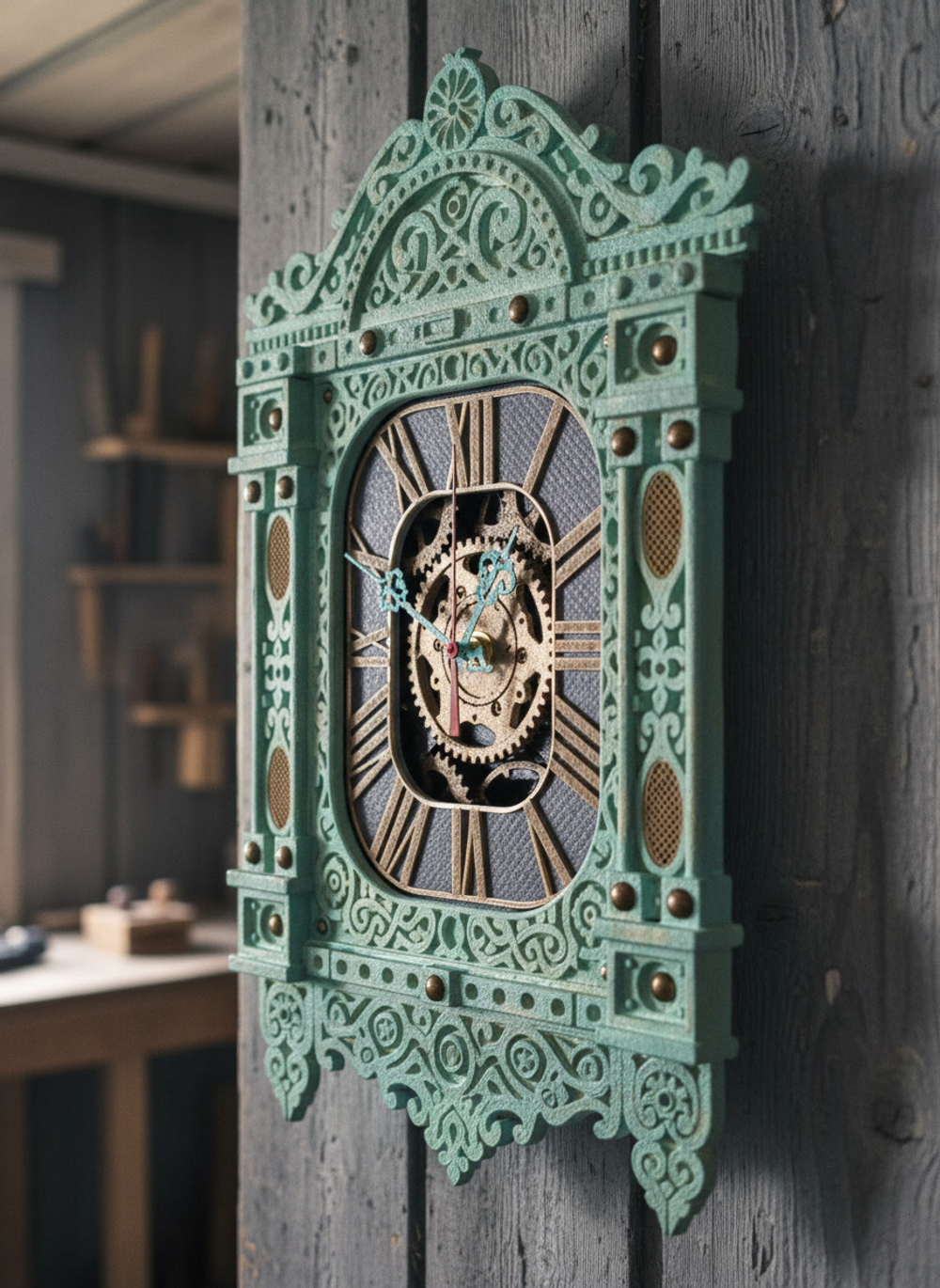 Резные мятные часы-наличник WOODandROOT в боковом ракурсе, выразительная резьба и слоистая покраска создают глубокий северный образ.