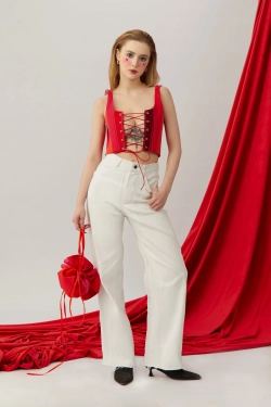 Джинсовый апсайкл корсет с бретелями, красный