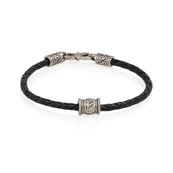 Браслет гайтан черный 3 мм с руной Феху Мельхиор, вид спереди