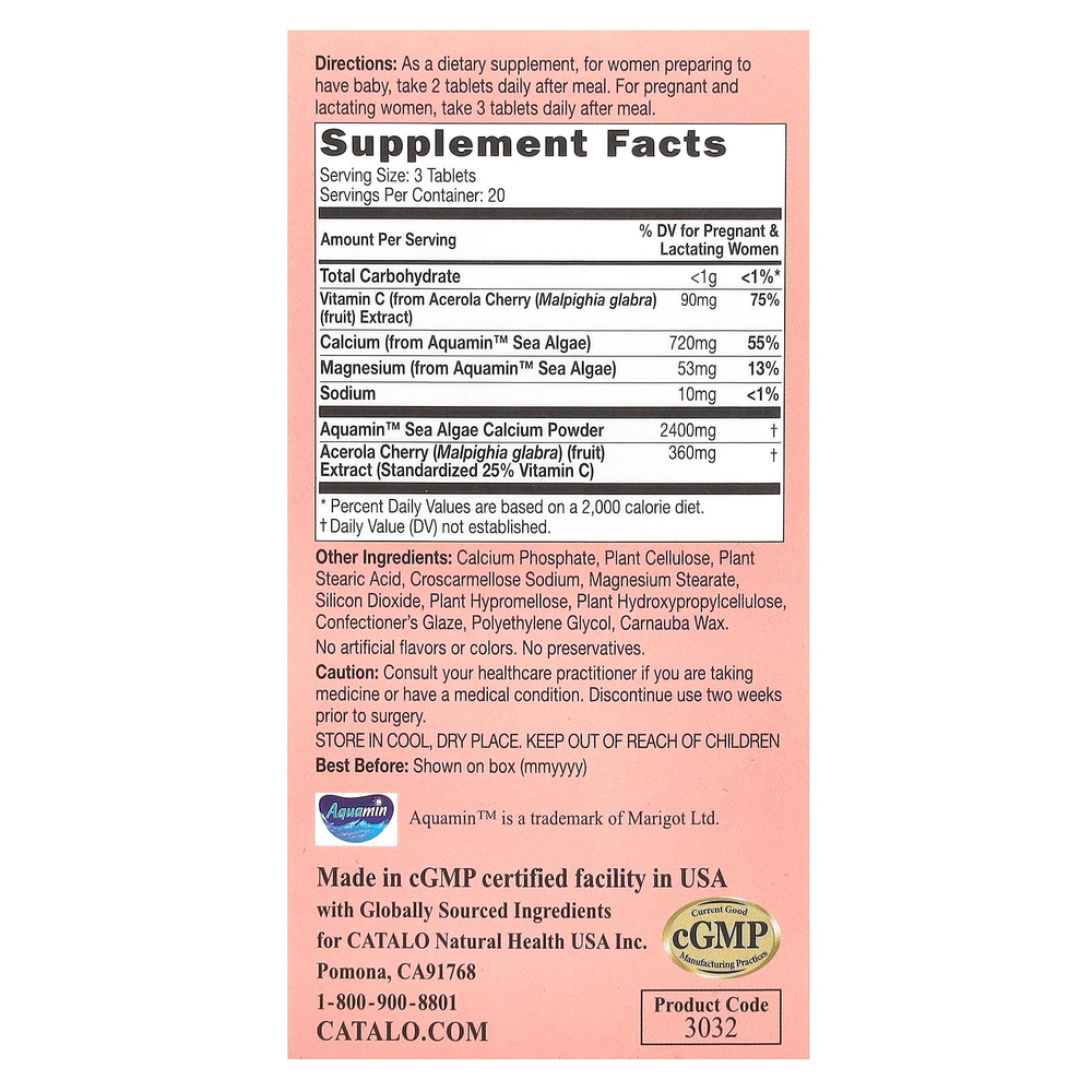 CATALO, Vegetarian Calcium Formula, пренатальный кальций из водорослей с ацеролой и витамином C, 60 вегетарианских таблеток