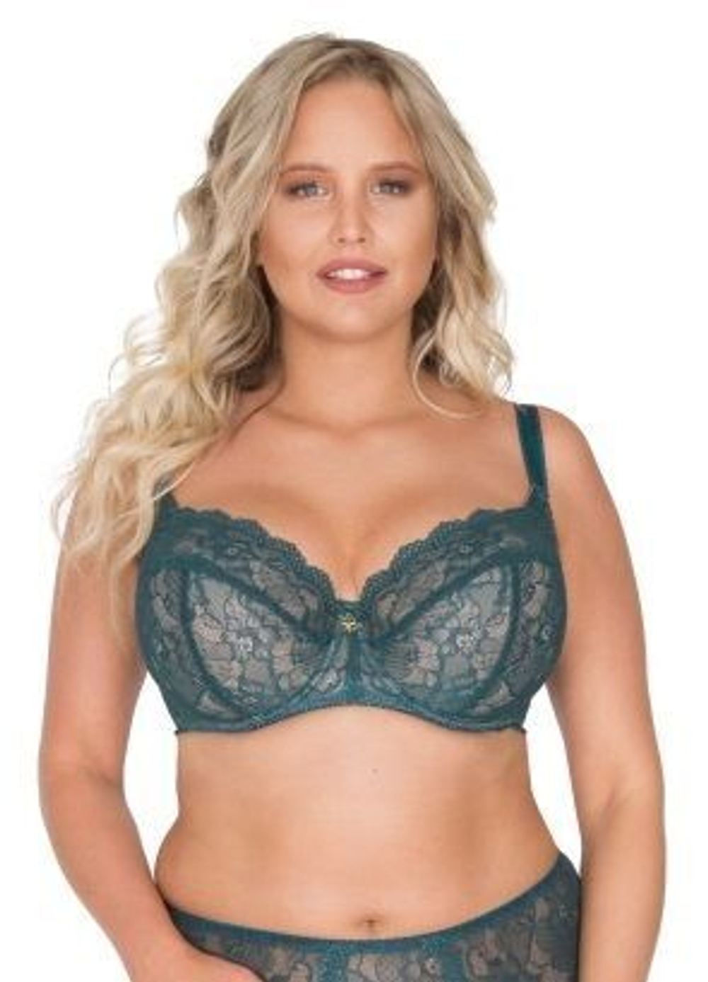 Кружевной бюстгальтер с мягкой чашкой plus size и боковыми поддержками (Размер: 90G) (Цвет: изумрудный)