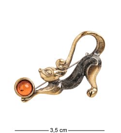 AM-2341 Брошь «Кошечка с мячиком» (латунь, янтарь)