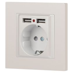 Розетка Intro Accent 6-410-06 , P+E Schuko со шторками, 16А-250В + 2хUSB, IP20, СУ, перламутр