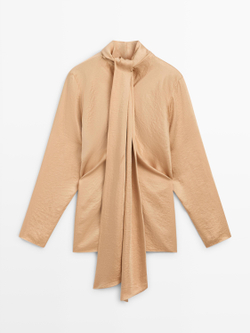 Massimo Dutti Струящаяся атласная блузка со шнуровкой - STUDIO, натуральный/кремовый
